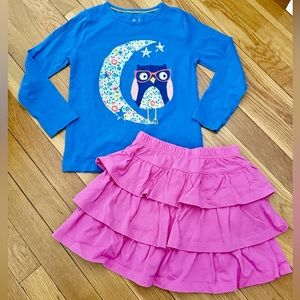 Mini Boden 6-7Y Owl on Floral Crescent Moon Shirt & HA 6-7Y Pink Ruffle Skort